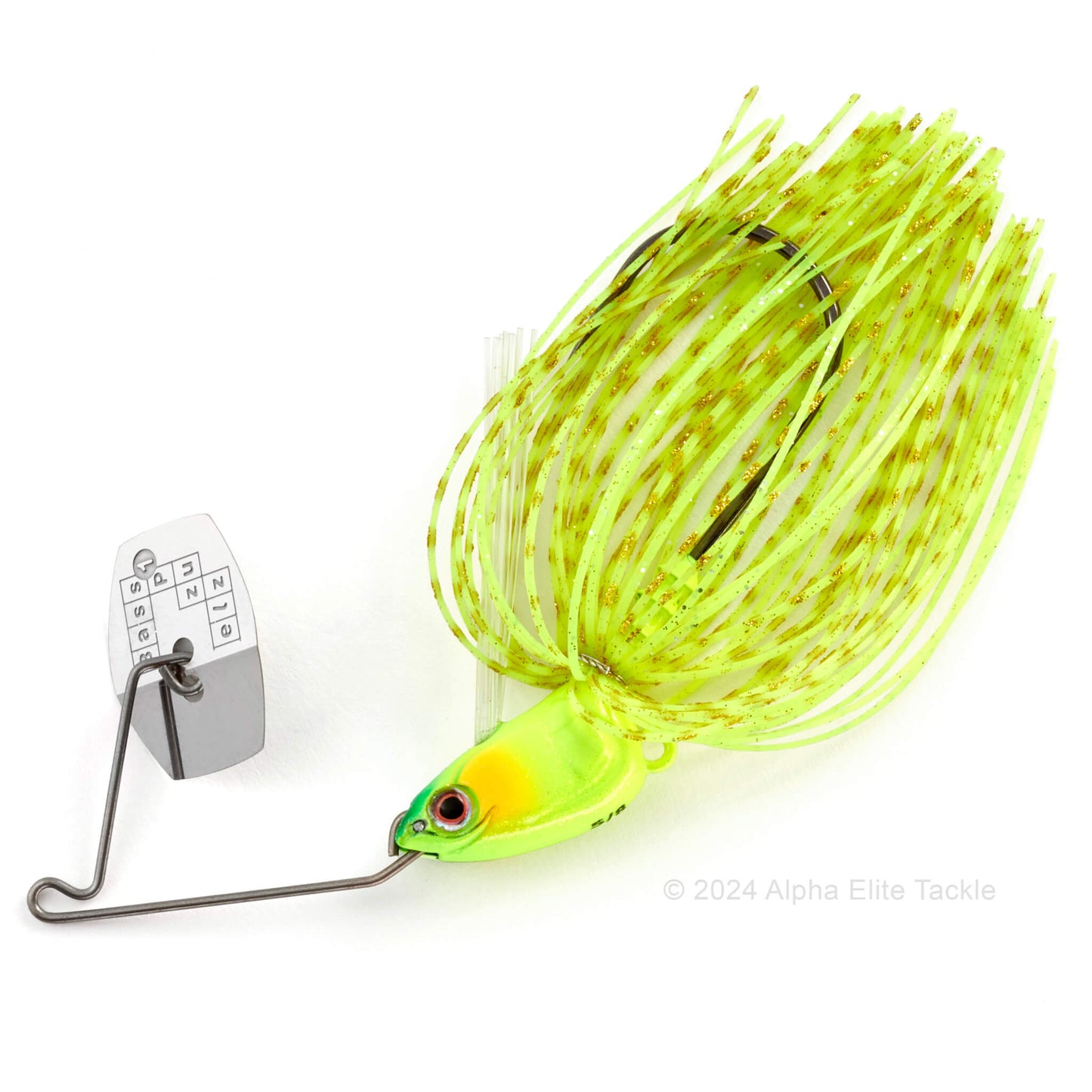 Close up of the Bass Puzzle Grass Piece Flex Bladed Swim jig in the color Chart Shad on a white background