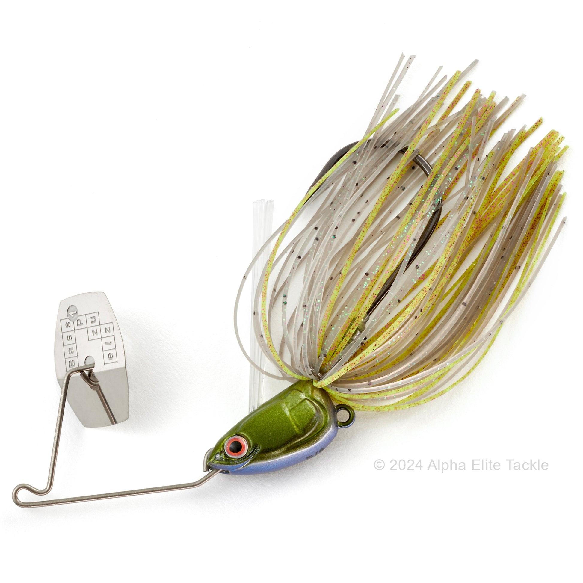 Close up of the Bass Puzzle Grass Piece Flex Bladed Swim jig in the color MS Smoke Shad on a white background