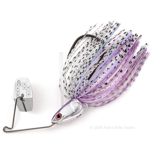 Close up of the Bass Puzzle Grass Piece Flex Bladed Swim jig in the color Violet Gill on a white background