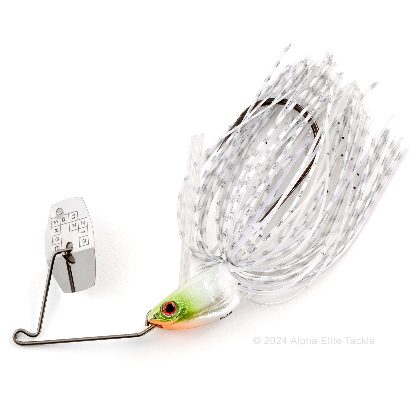 Close up of the Bass Puzzle Grass Piece Flex Bladed Swim jig in the color White Shad on a white background