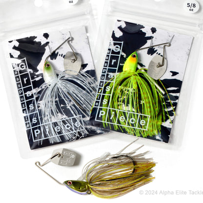 Close up of three Bass Puzzle Grass Piece Flex Bladed Jig on a white background