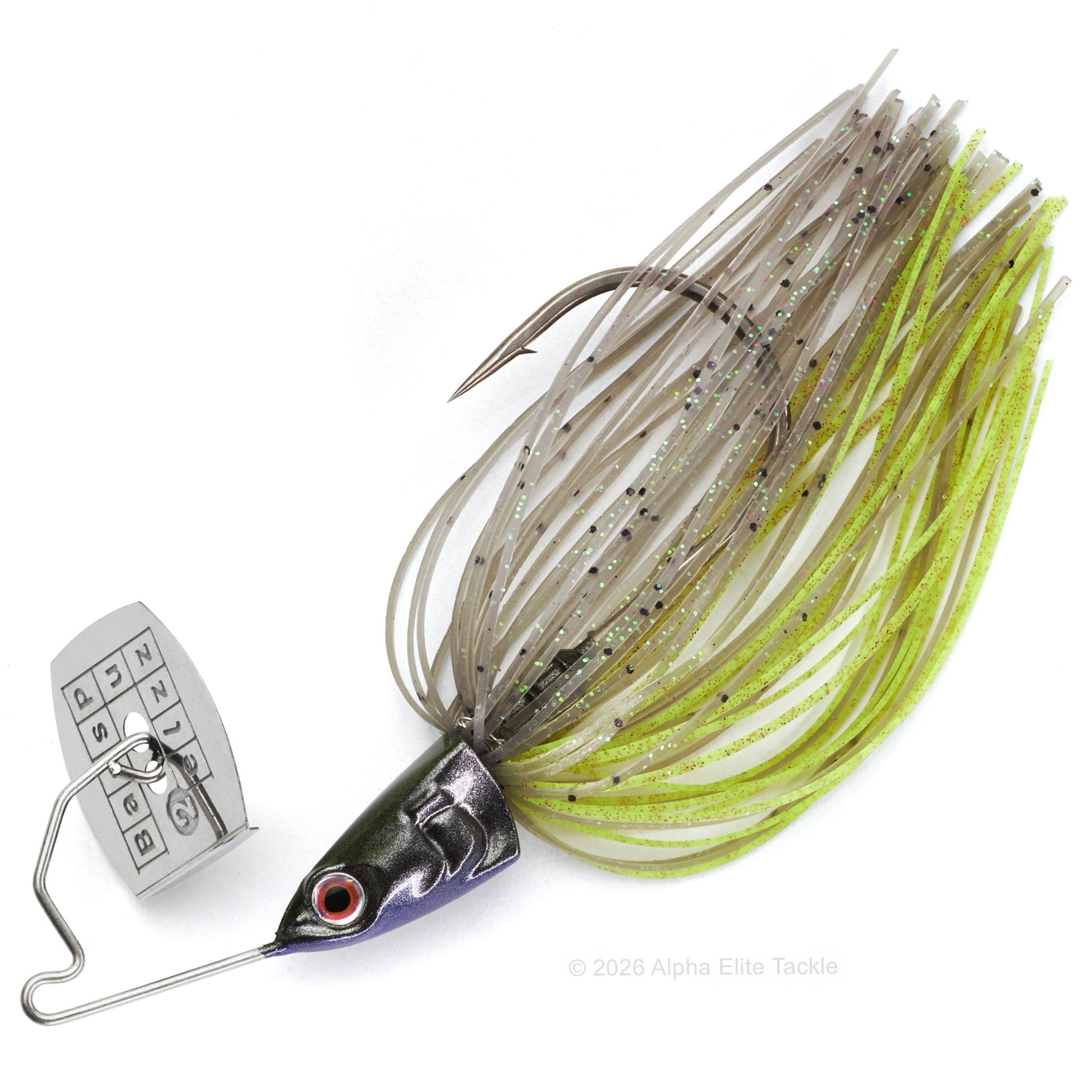 Close up of the Bass Puzzle Grass Piece bladed swim jig in the color MS Smoke Shad on a white background