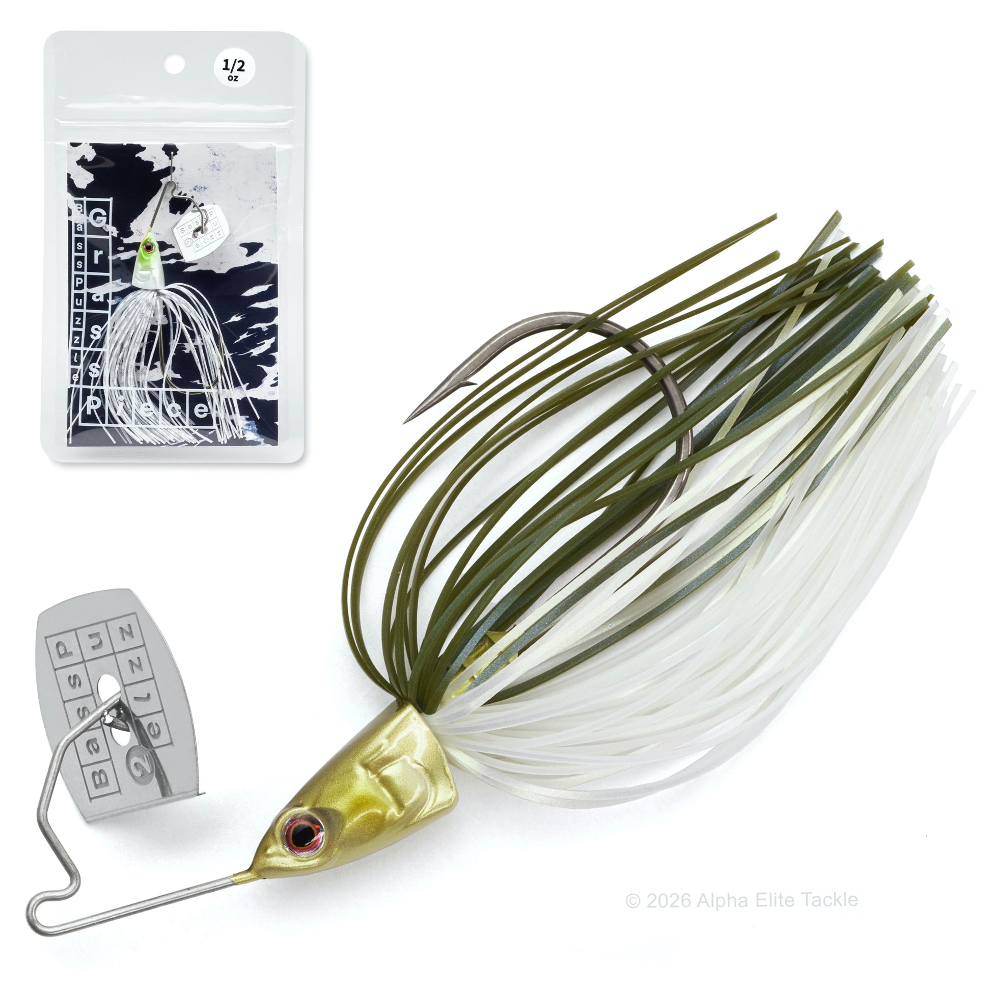 Close up of the Bass Puzzle Grass Piece bladed swim jig in the color Soft Ayu on a white background