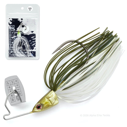 Close up of the Bass Puzzle Grass Piece bladed swim jig in the color Soft Ayu on a white background