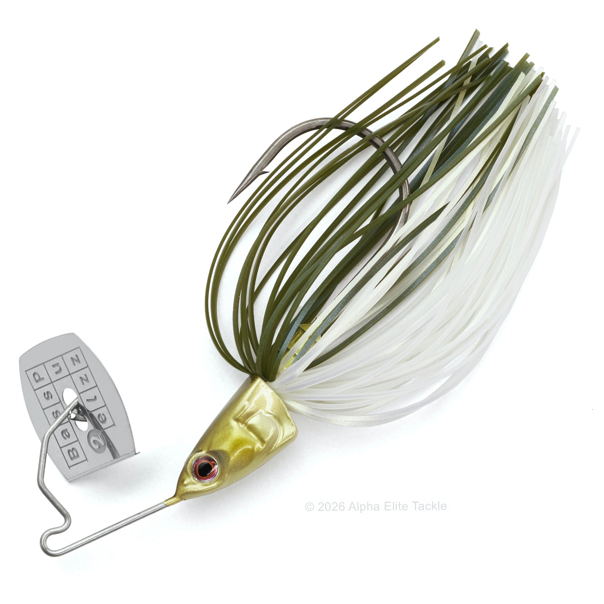 Close up of the Bass Puzzle Grass Piece bladed swim jig in the color Soft Ayu on a white background