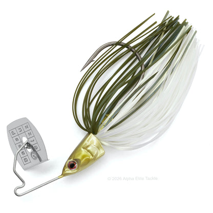 Close up of the Bass Puzzle Grass Piece bladed swim jig in the color Soft Ayu on a white background