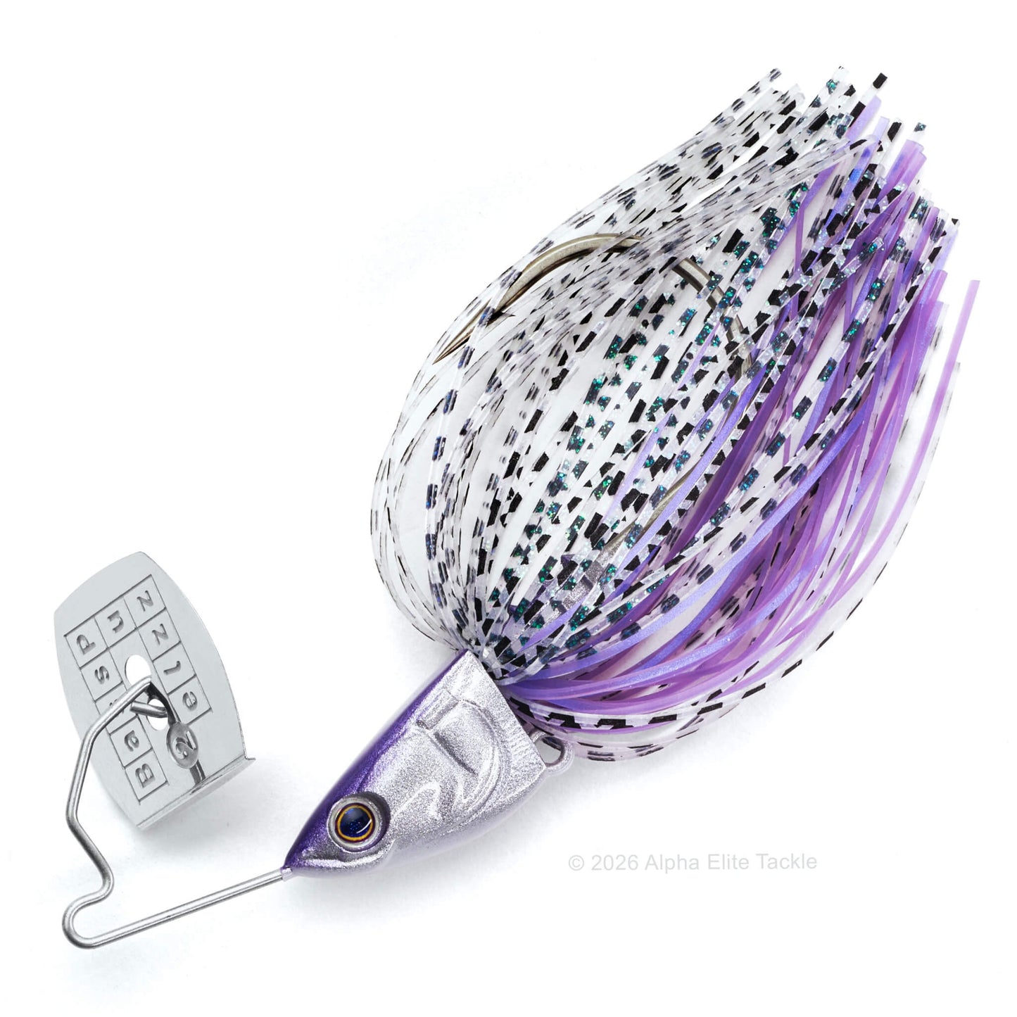 Close up of the Bass Puzzle Grass Piece bladed swim jig in the color Violet Gill on a white background