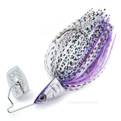 Close up of the Bass Puzzle Grass Piece bladed swim jig in the color Violet Gill on a white background