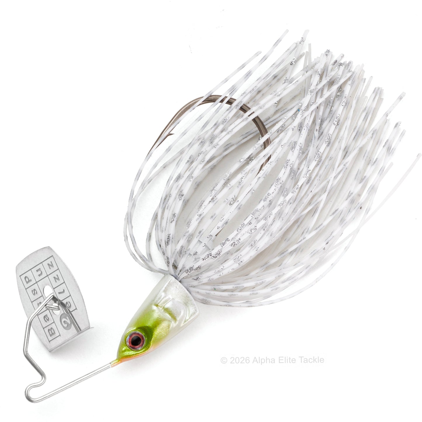 Close up of the Bass Puzzle Grass Piece bladed swim jig in the color white Shad on a white background