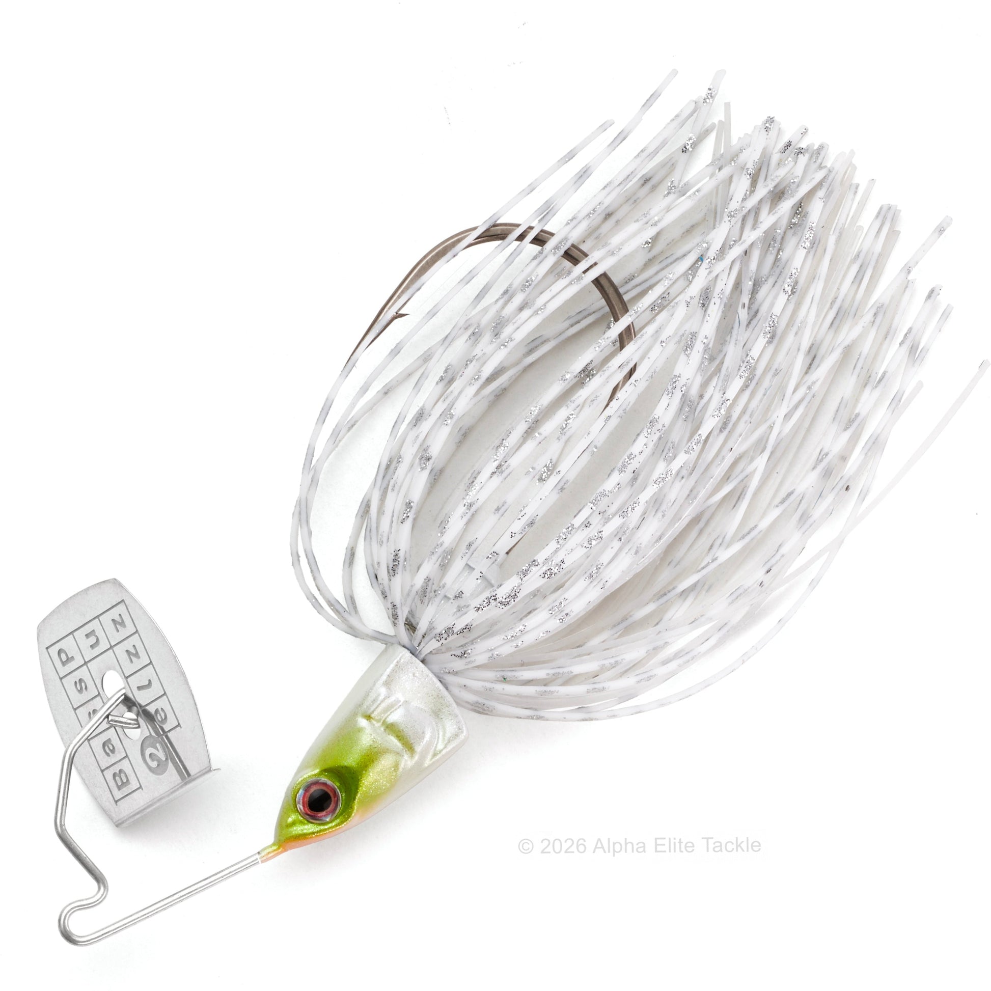 Close up of the Bass Puzzle Grass Piece bladed swim jig in the color white Shad on a white background
