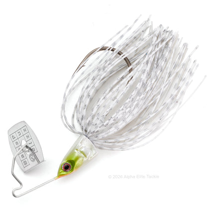 Close up of the Bass Puzzle Grass Piece bladed swim jig in the color white Shad on a white background