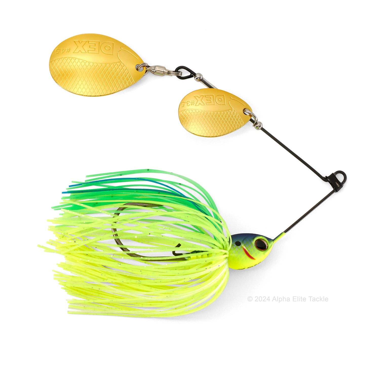 Close up of the Berkley DEX Titanium Spinnerbait in the color blue Back Chartreuse on a white background