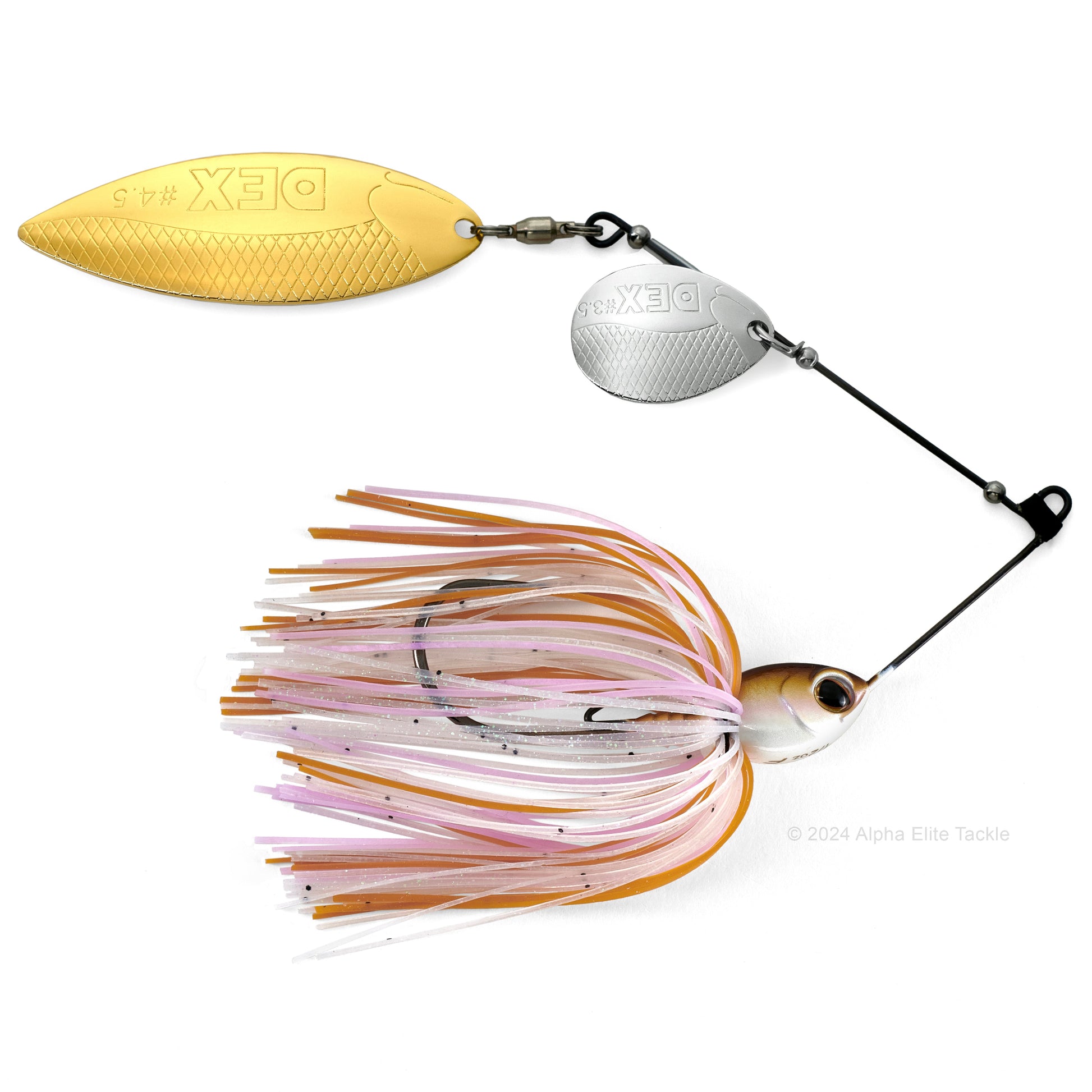 Close up of the Berkley DEX Titanium Spinnerbait in the color Ghost Wakasagi on a white background