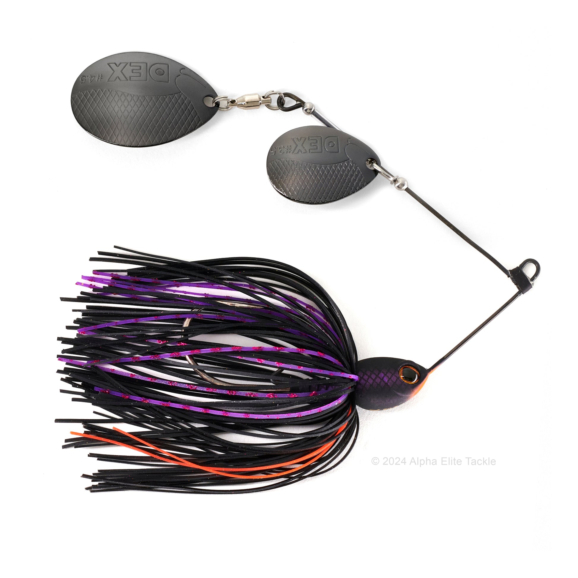 Close up of the Berkley DEX Titanium Spinnerbait in the color Matte Black on a white background
