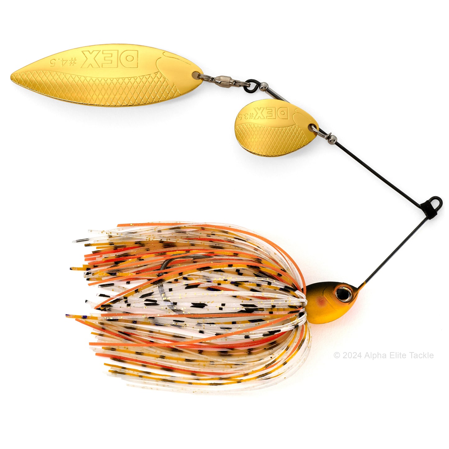 Close up of the Berkley DEX Titanium Spinnerbait in the color Matte Kinkuro on a white background