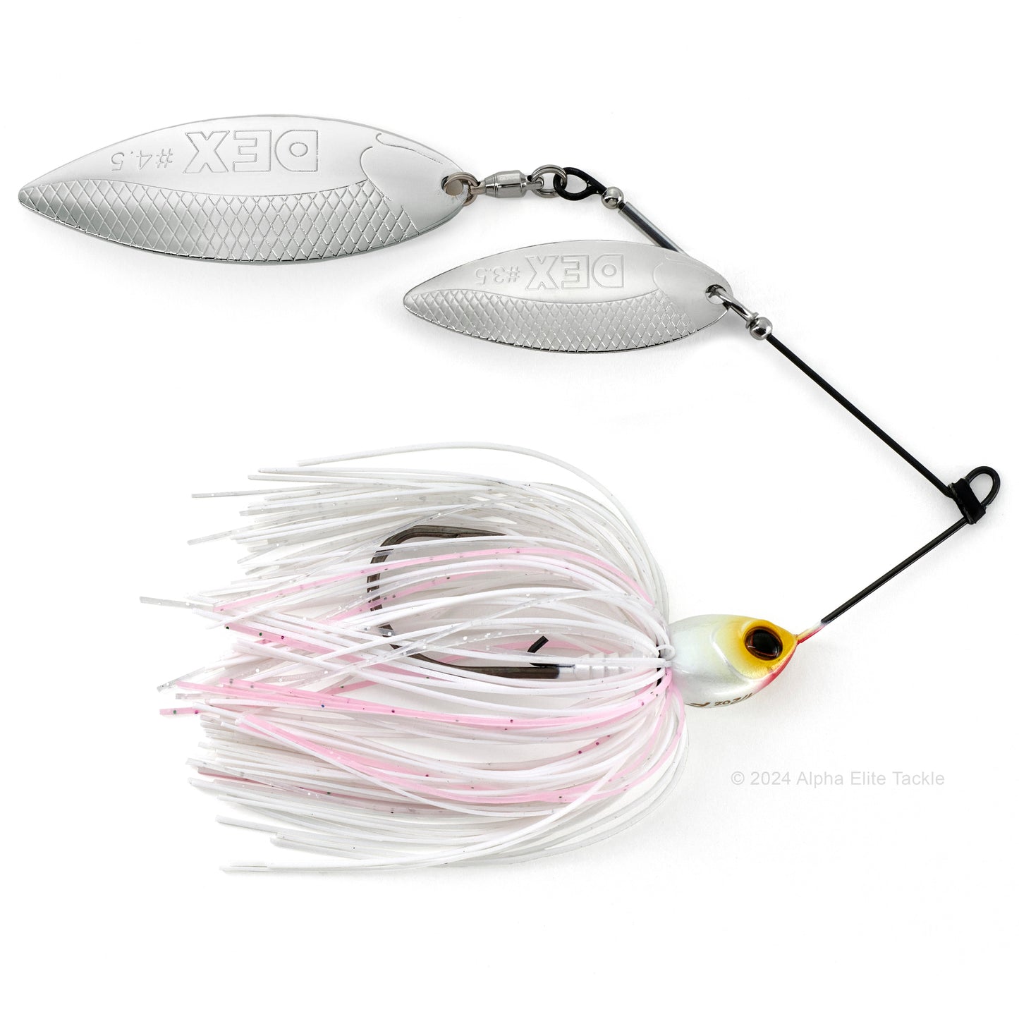 Close up of the Berkley DEX Titanium Spinnerbait in the color Pearl White on a white background