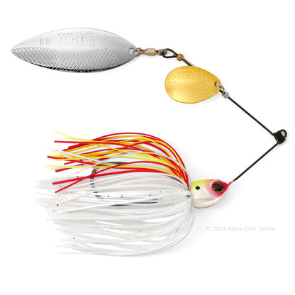 Close up of the Berkley DEX Titanium Spinnerbait in the color RD Shad on a white background