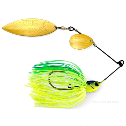 Fishing lure with gold blades and green and yellow skirt on a white background