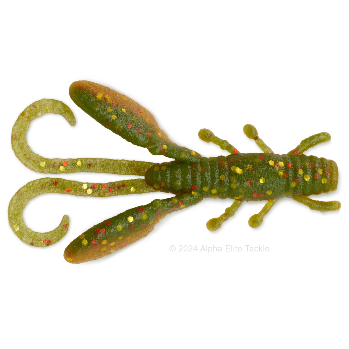 Green crawfish-shaped fishing lure with red and yellow speckles on a white background