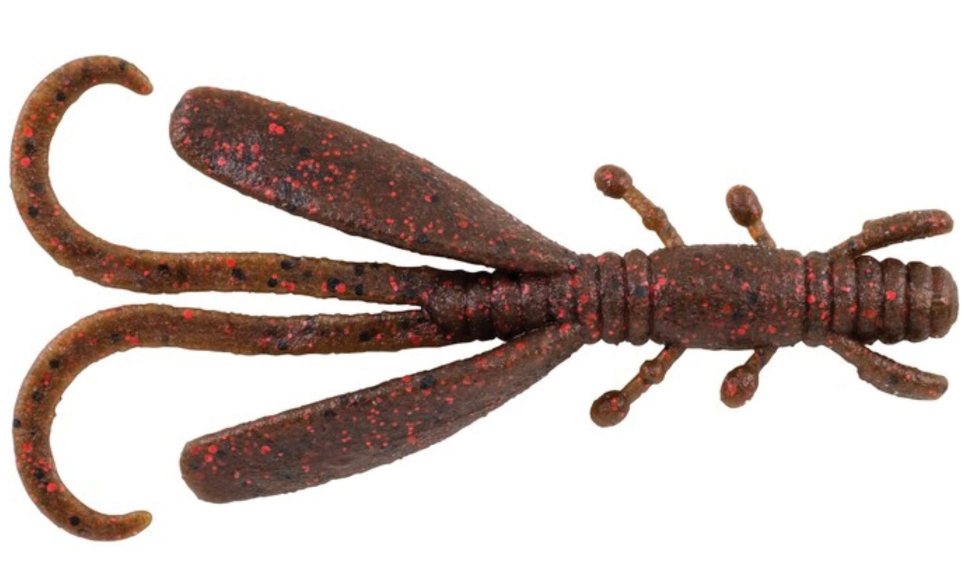 Brown and red speckled fishing lure on a white background