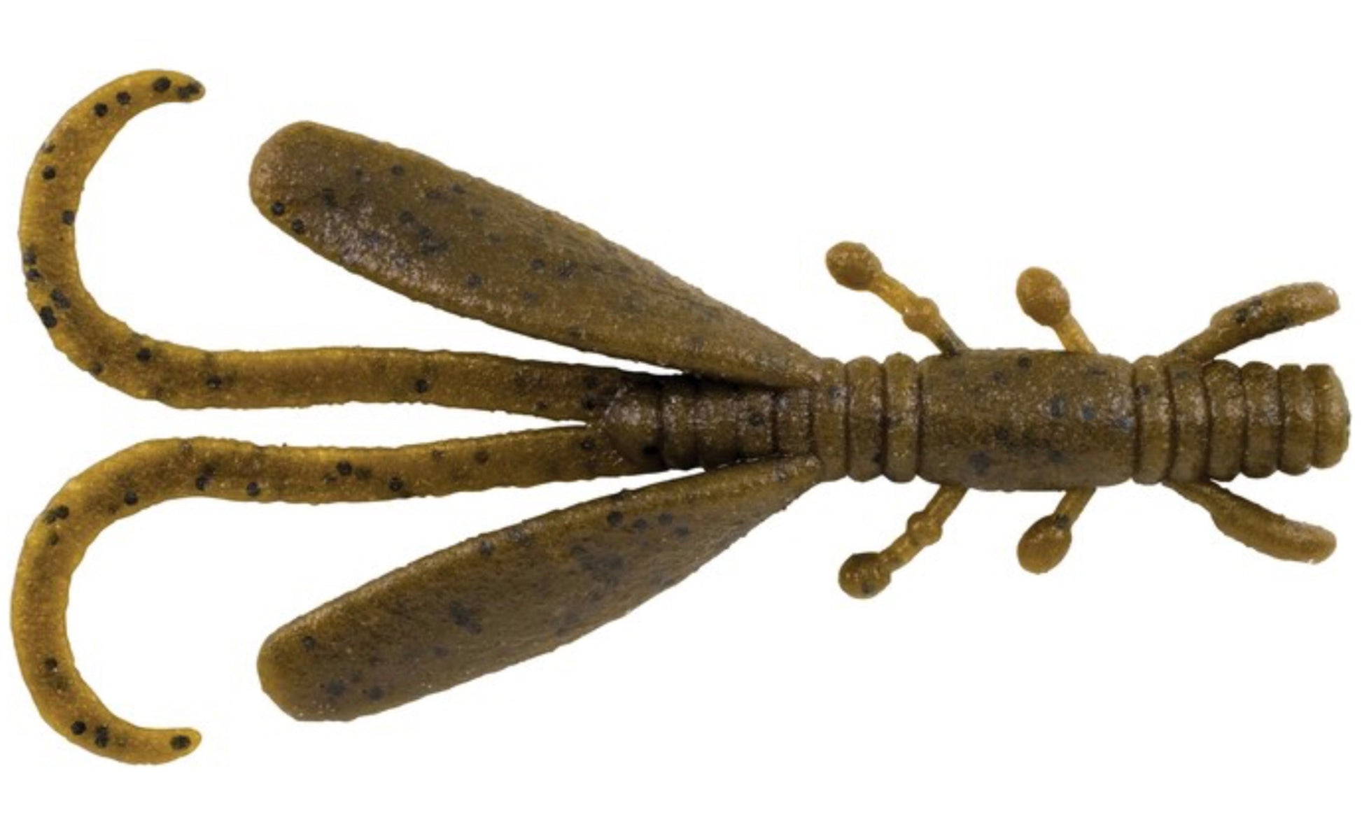 Brown and black speckled fishing lure on a white background
