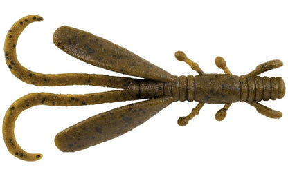 Brown and black speckled fishing lure on a white background
