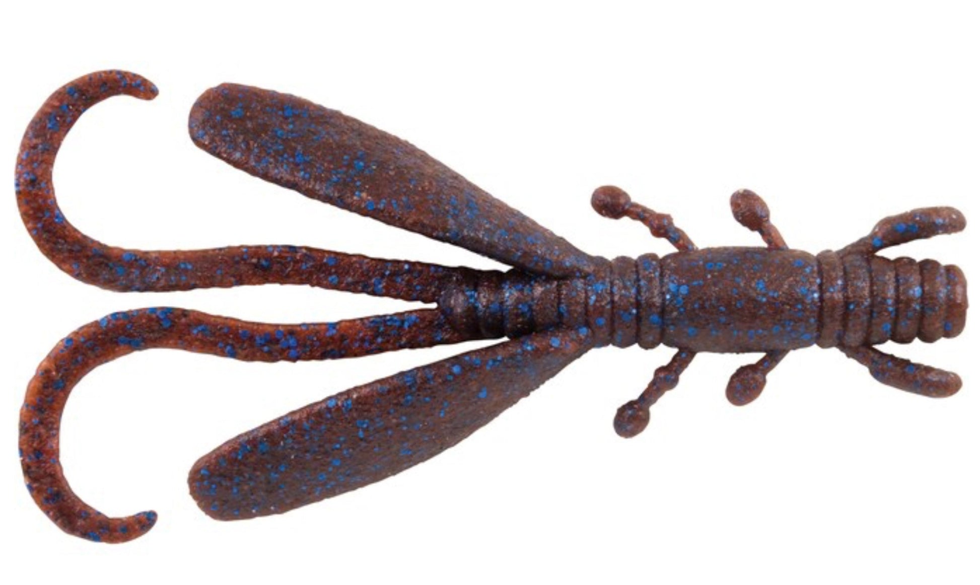 Fishing lure with a brown and blue speckled pattern on a white background