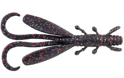 Black and purple fishing lure with speckles on a white background
