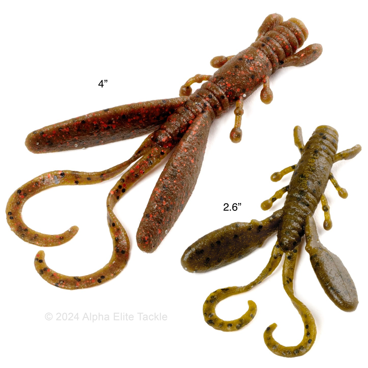 Two crawfish-shaped fishing lures with measurements on a white background
