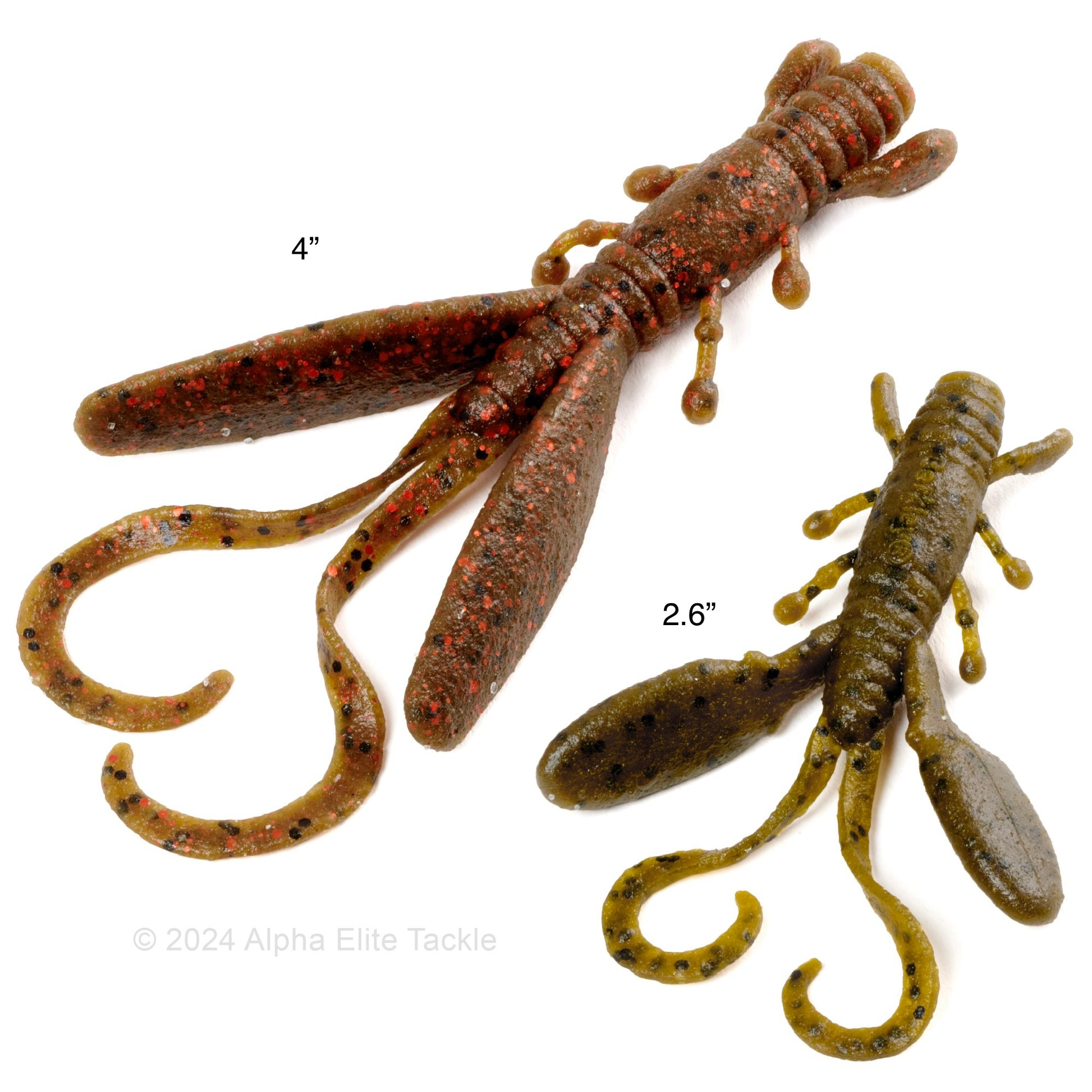 Two crawfish-shaped fishing lures with measurements on a white background