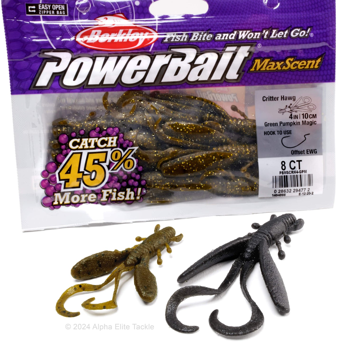 Package of Berkley PowerBait MaxScent fishing lures with two lures displayed in front.