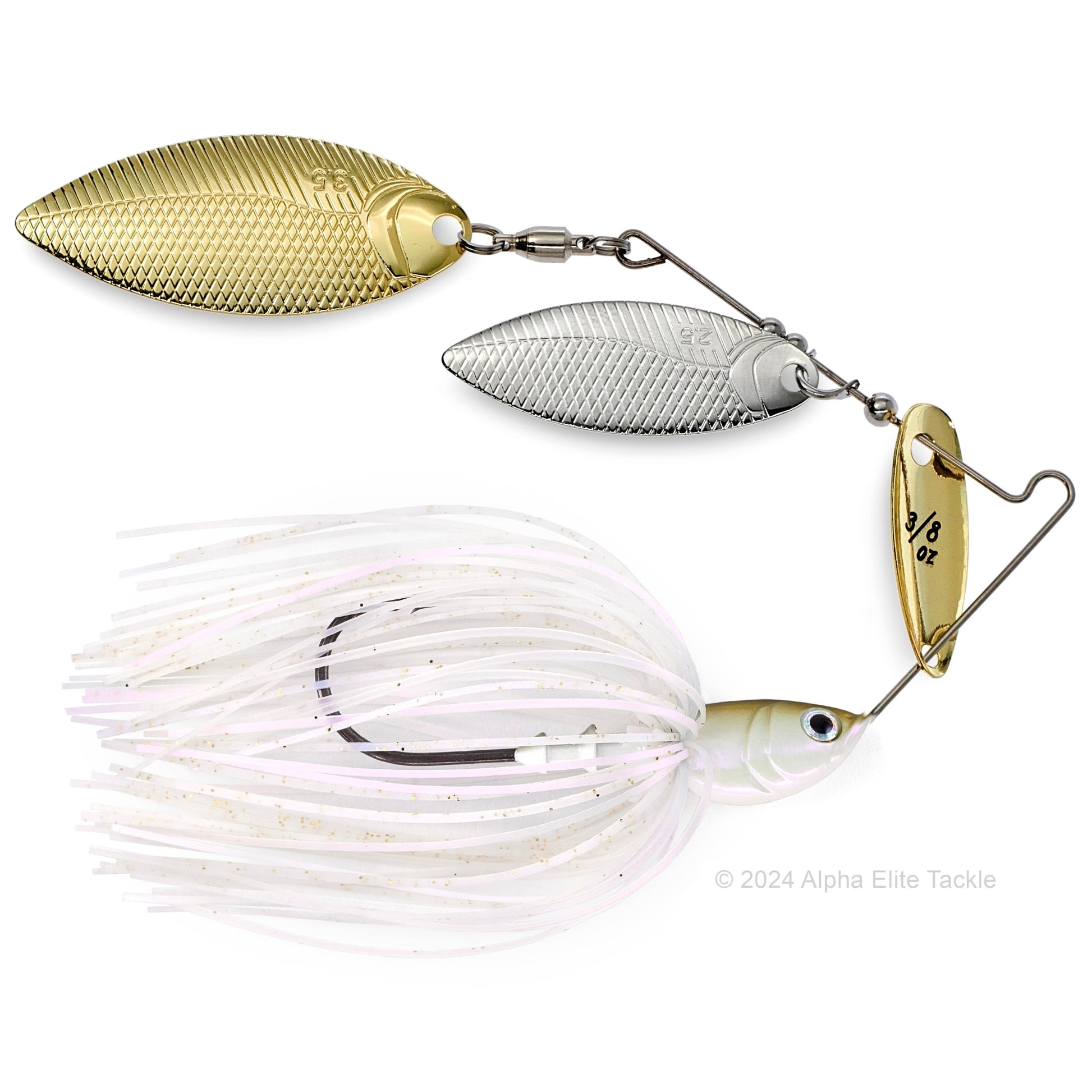 Close up of the BottomUp Beeble Spinnerbait in the color Aurora White on a white background