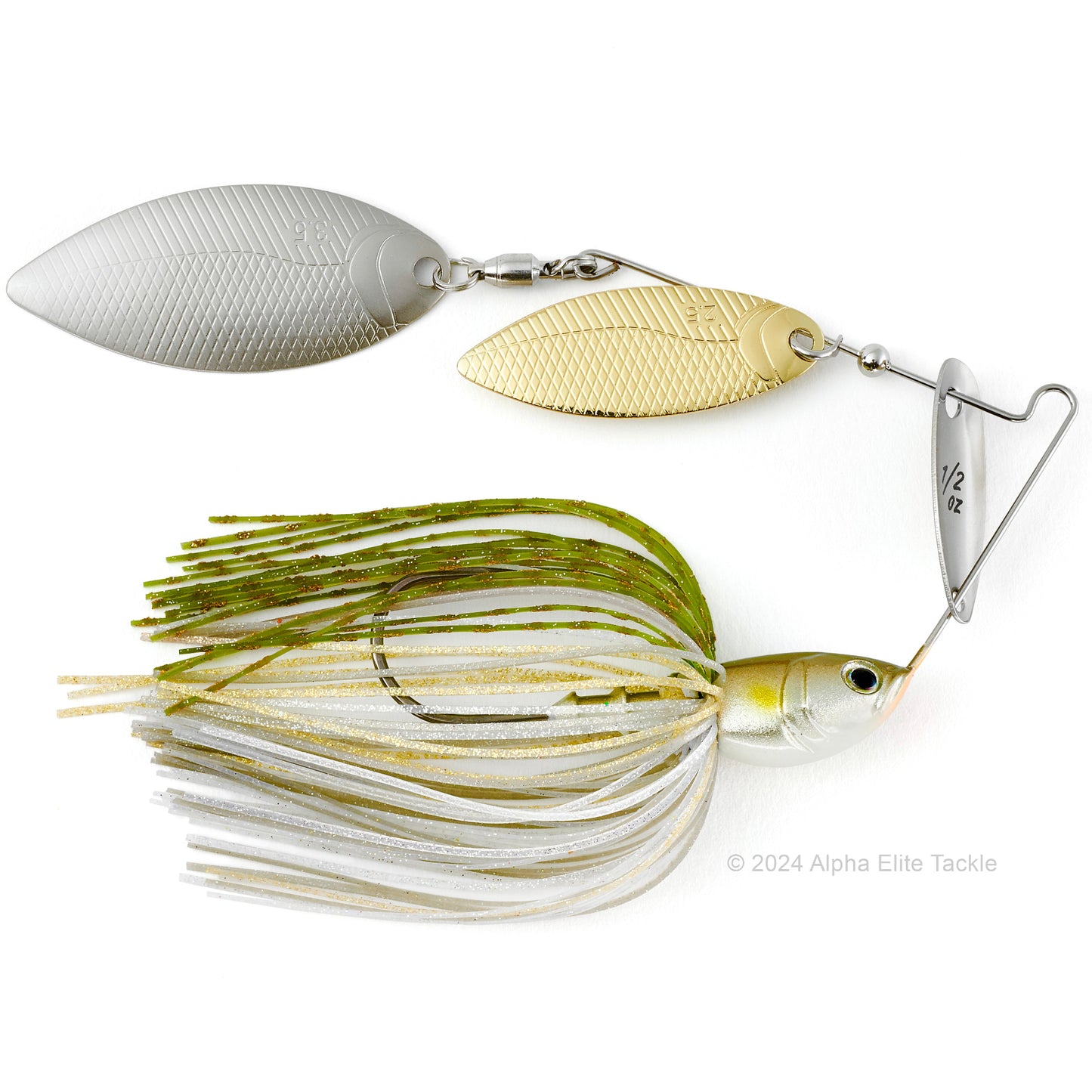 Close up of the BottomUp Beeble Spinnerbait in the color Ayu on a white background