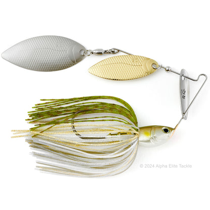 Close up of the BottomUp Beeble Spinnerbait in the color Ayu on a white background