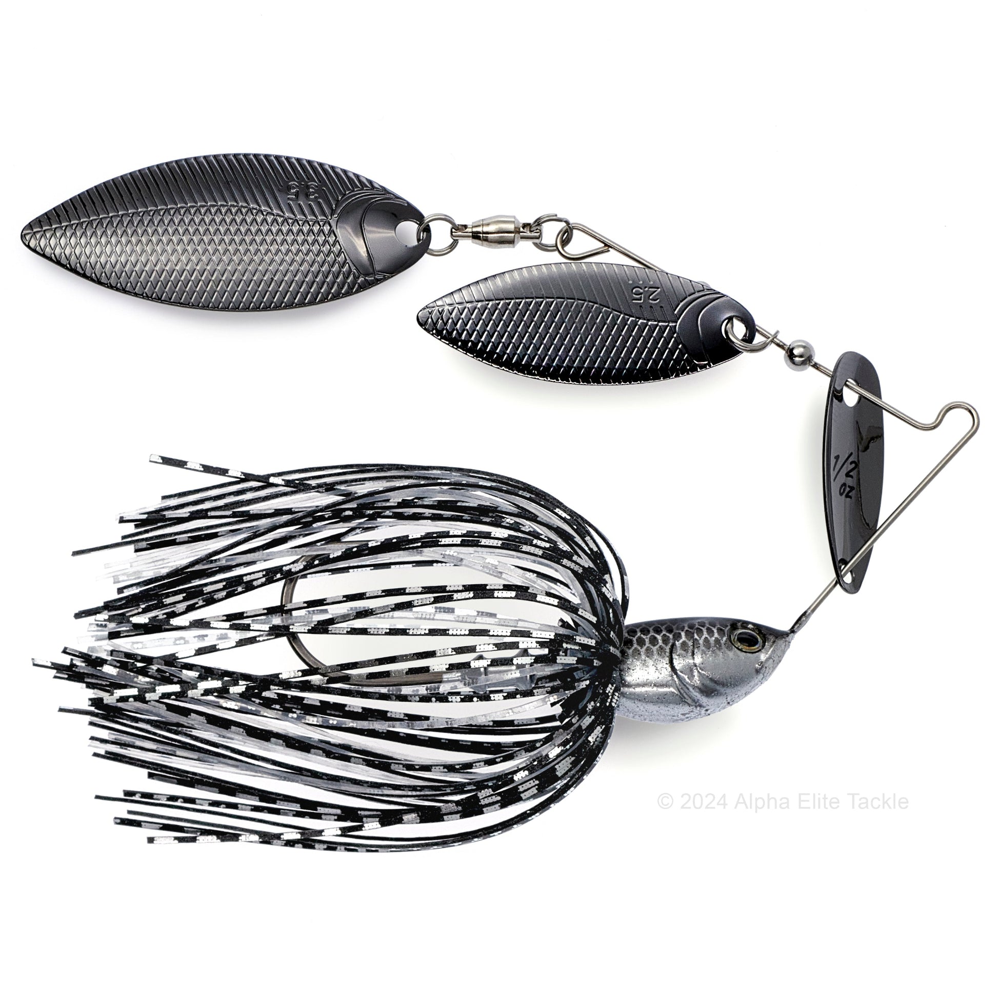 Close up of the BottomUp Beeble Spinnerbait in the color Black Chrome on a white background