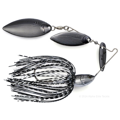 Close up of the BottomUp Beeble Spinnerbait in the color Black Chrome on a white background