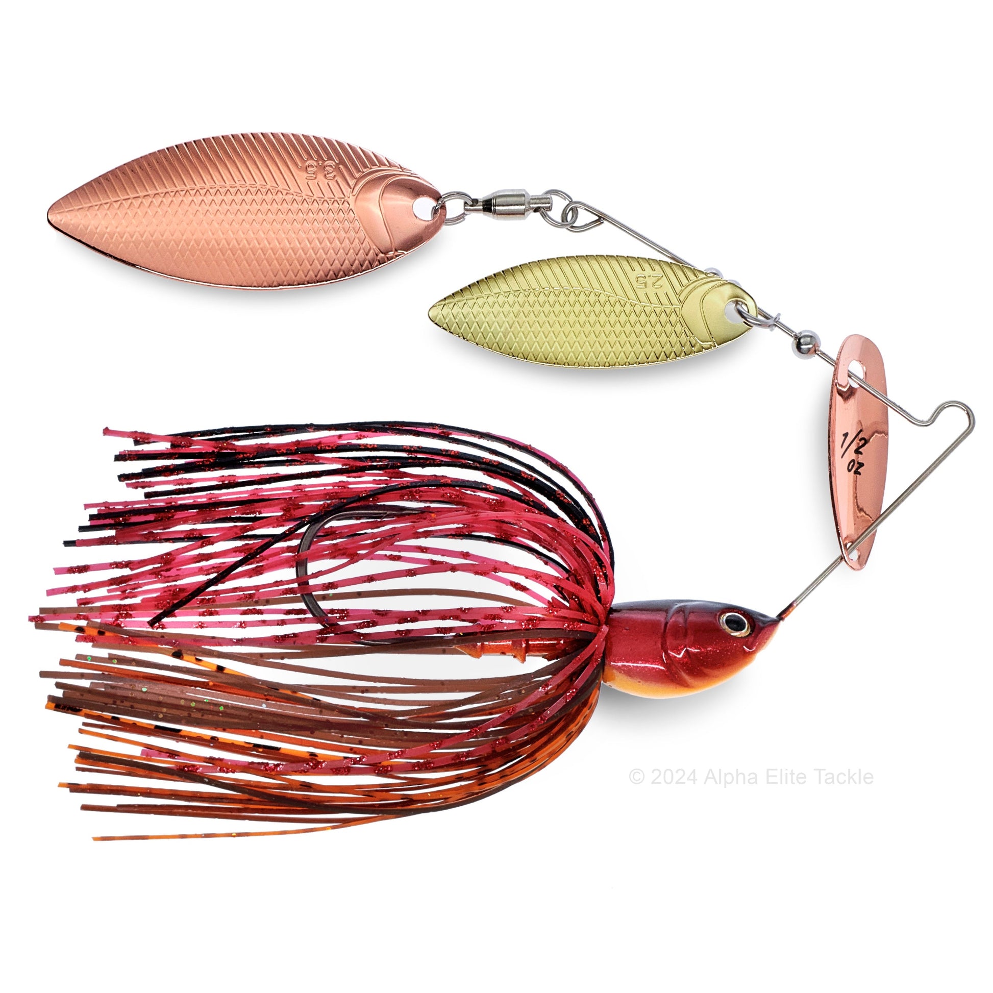 Close up of the BottomUp Beeble Spinnerbait in the color Burning Shad on a white background