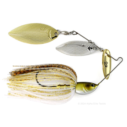 Close up of the BottomUp Beeble Spinnerbait in the color Champagne Shad on a white background