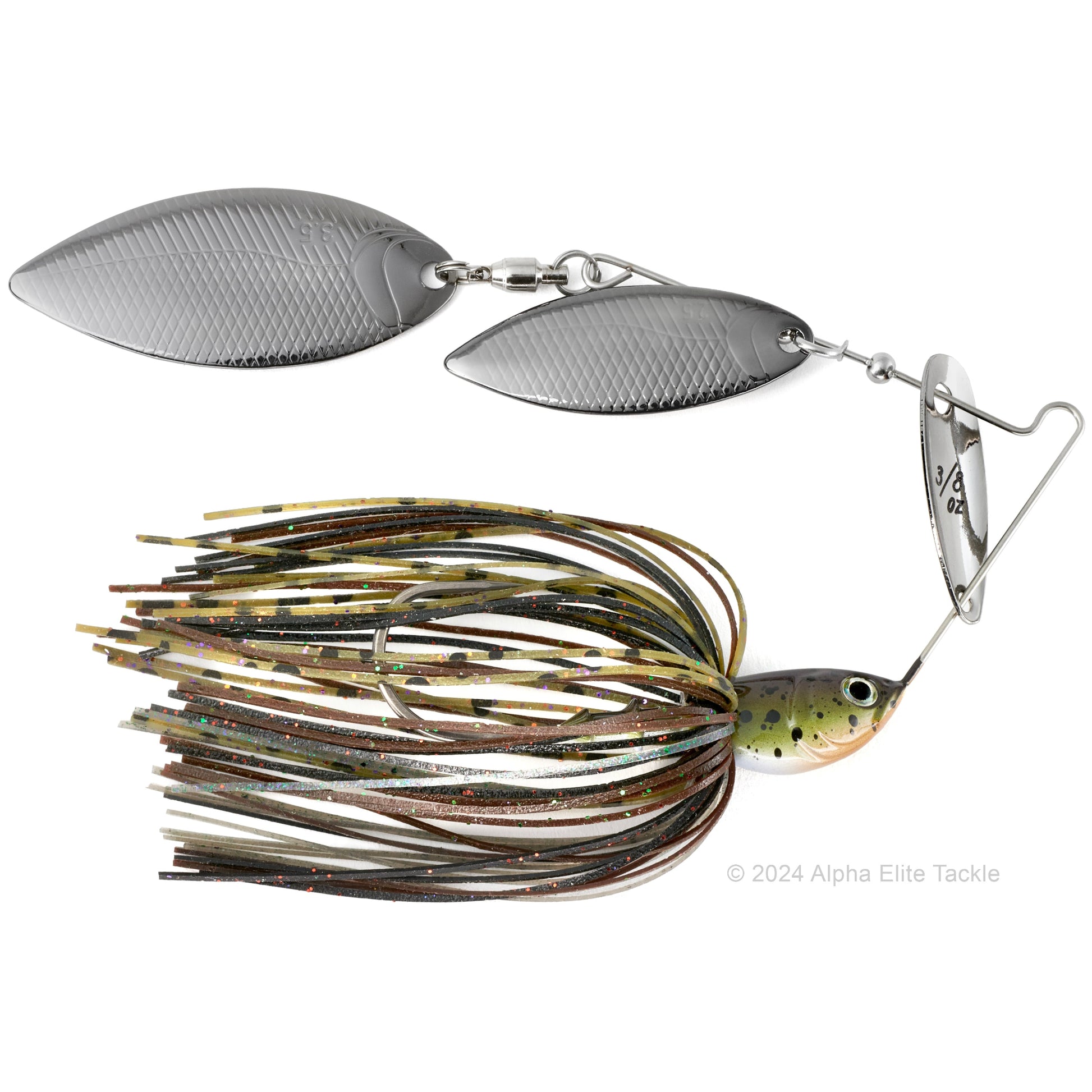 Close up of the BottomUp Beeble Spinnerbait in the color Dark Impact on a white background