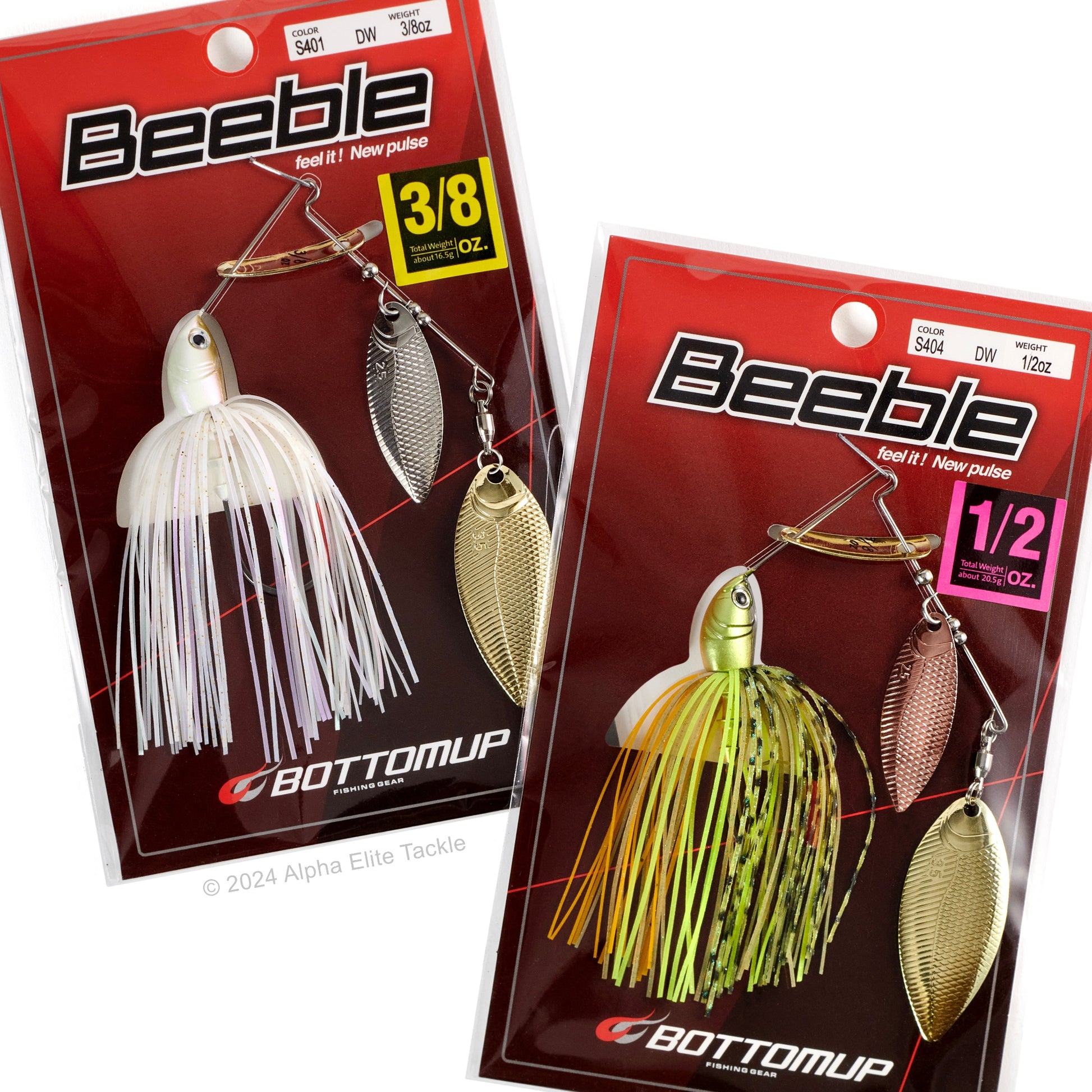 Close up of two packages of the BottomUp Beeble spinnerbait