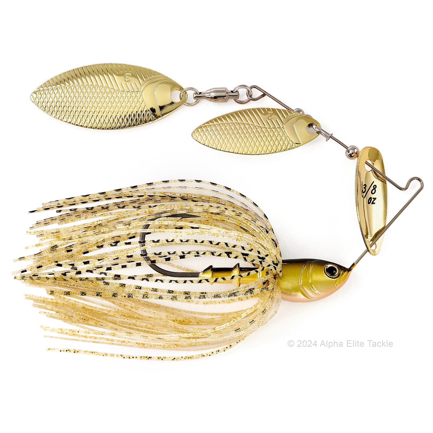 Close up of the BottomUp Beeble Spinnerbait in the color Golden Shiner on a white background