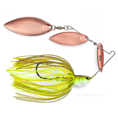 Close up of the BottomUp Beeble Spinnerbait in the color KO Chart on a white background