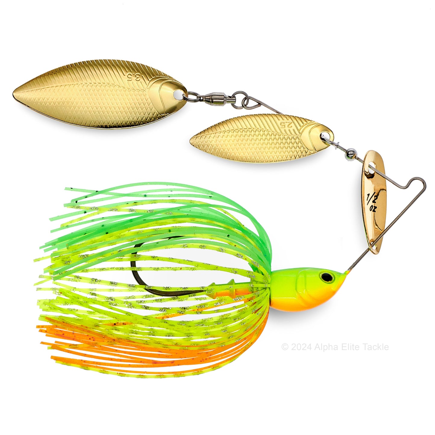 Close up of the BottomUp Beeble Spinnerbait in the color Lime Chart on a white background