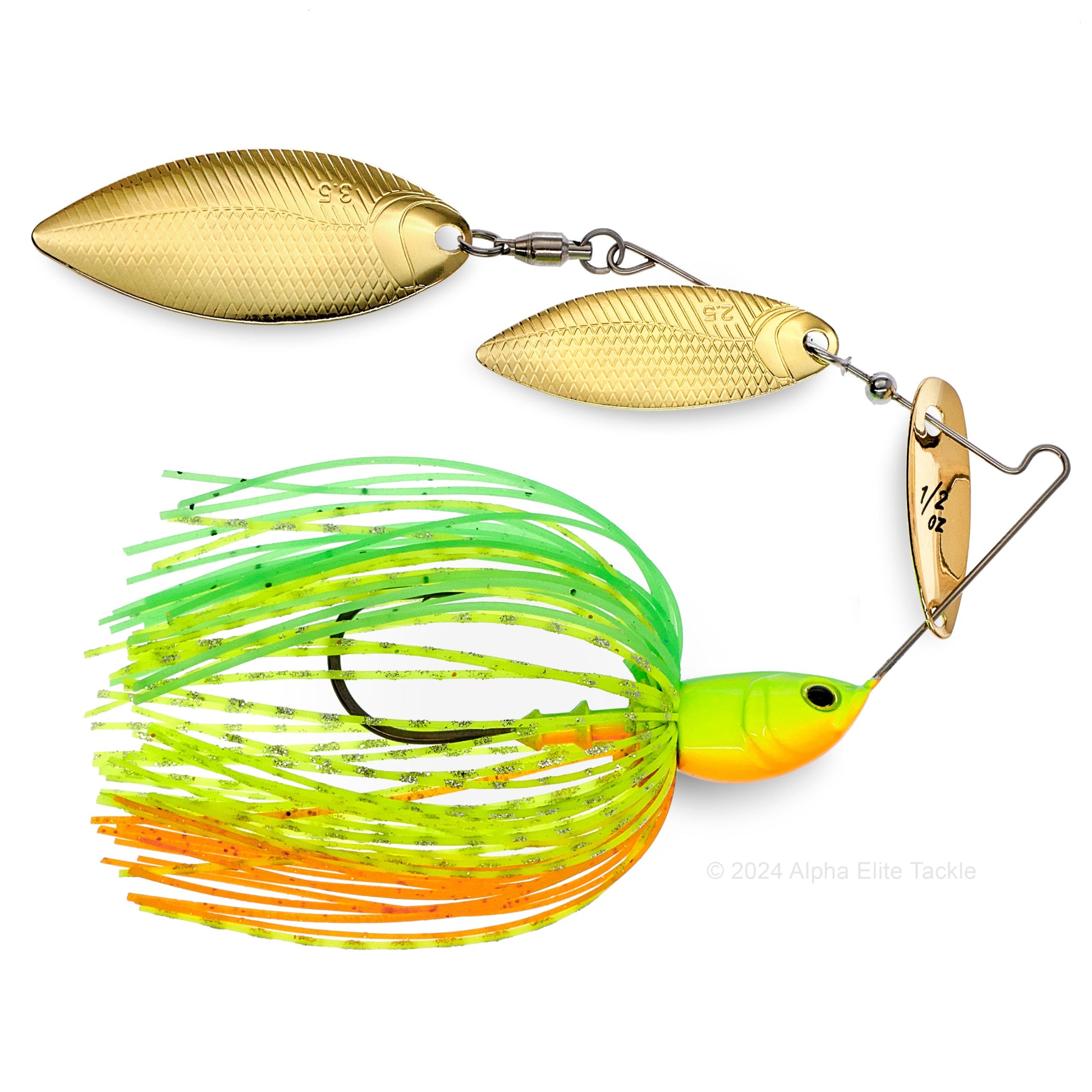 Close up of the BottomUp Beeble Spinnerbait in the color Lime Chart on a white background