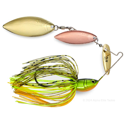 Close up of the BottomUp Beeble Spinnerbait in the color Perch on a white background