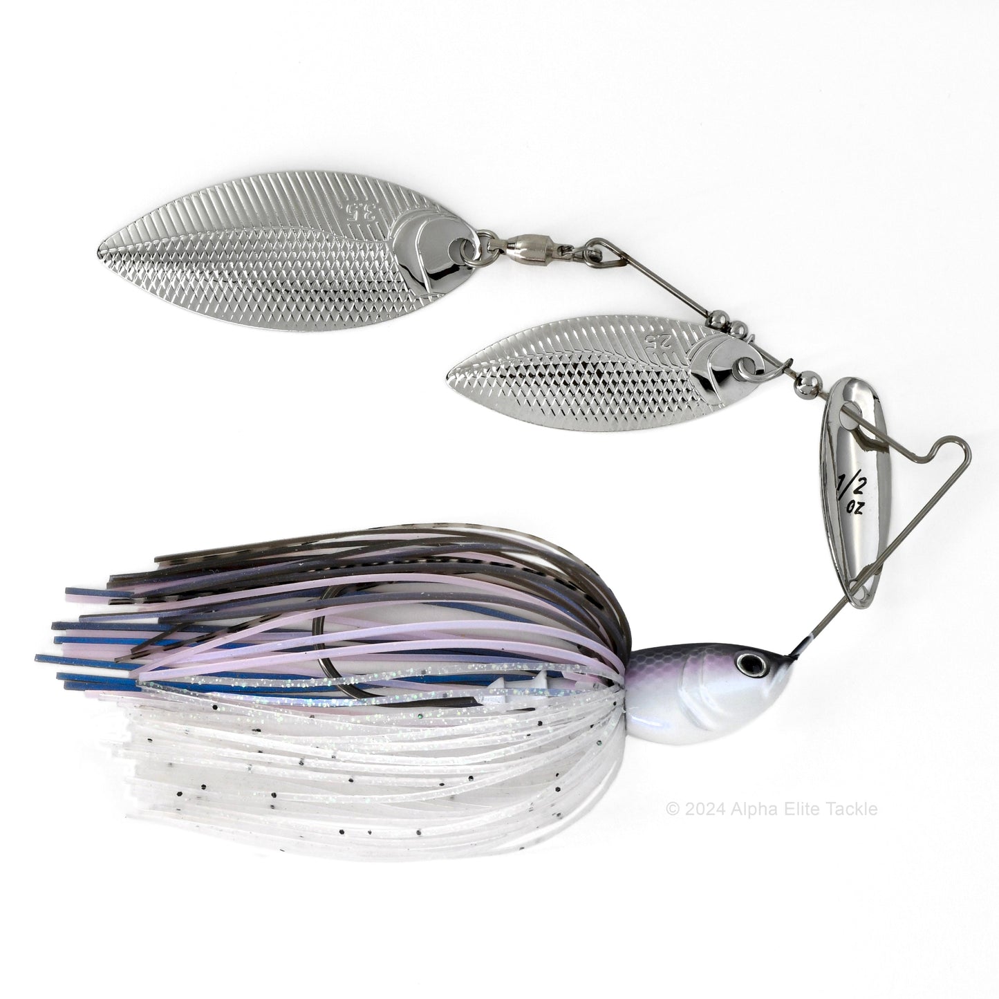 Close up of the BottomUp Beeble Spinnerbait in the color Pro Blue Shad on a white background