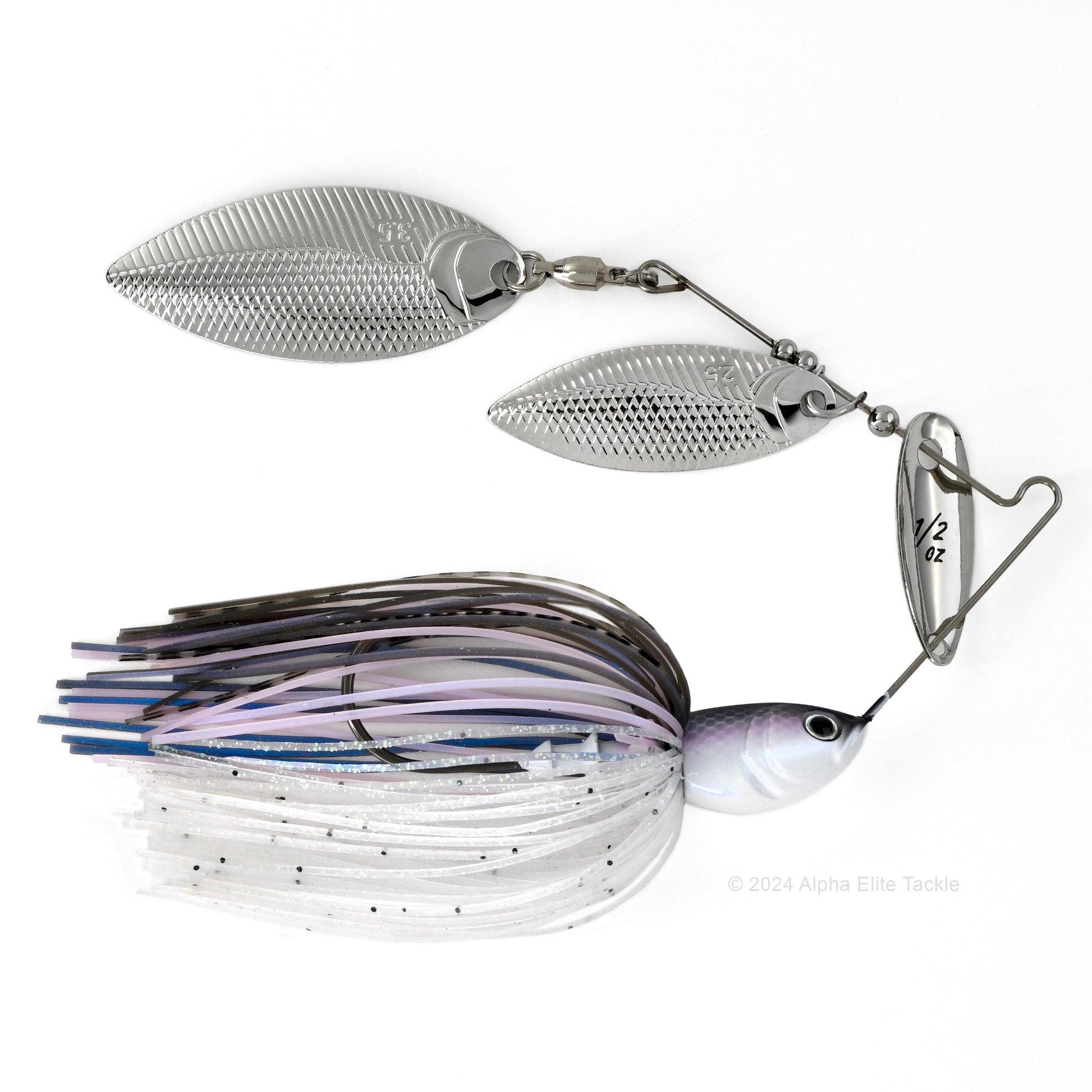 Close up of the BottomUp Beeble Spinnerbait in the color Pro Blue Shad on a white background