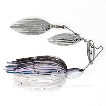 Close up of the BottomUp Beeble Spinnerbait in the color Pro Blue Shad on a white background