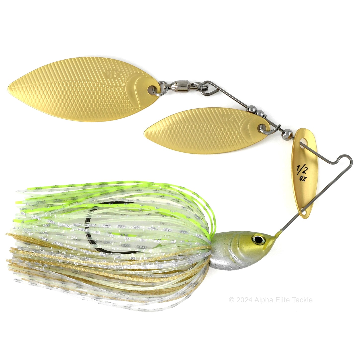 Close up of the BottomUp Beeble Spinnerbait in the color Shining Chart on a white background