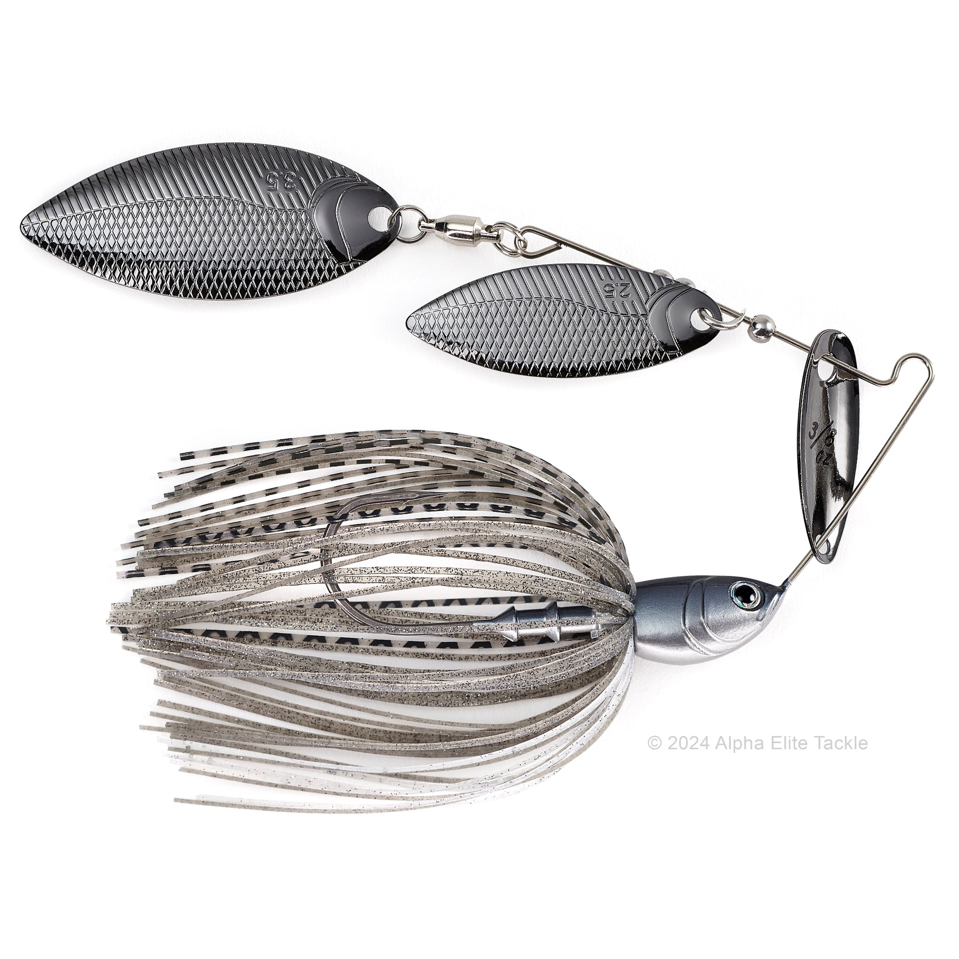 Close up of the BottomUp Beeble Spinnerbait in the color Smokin Shad on a white background